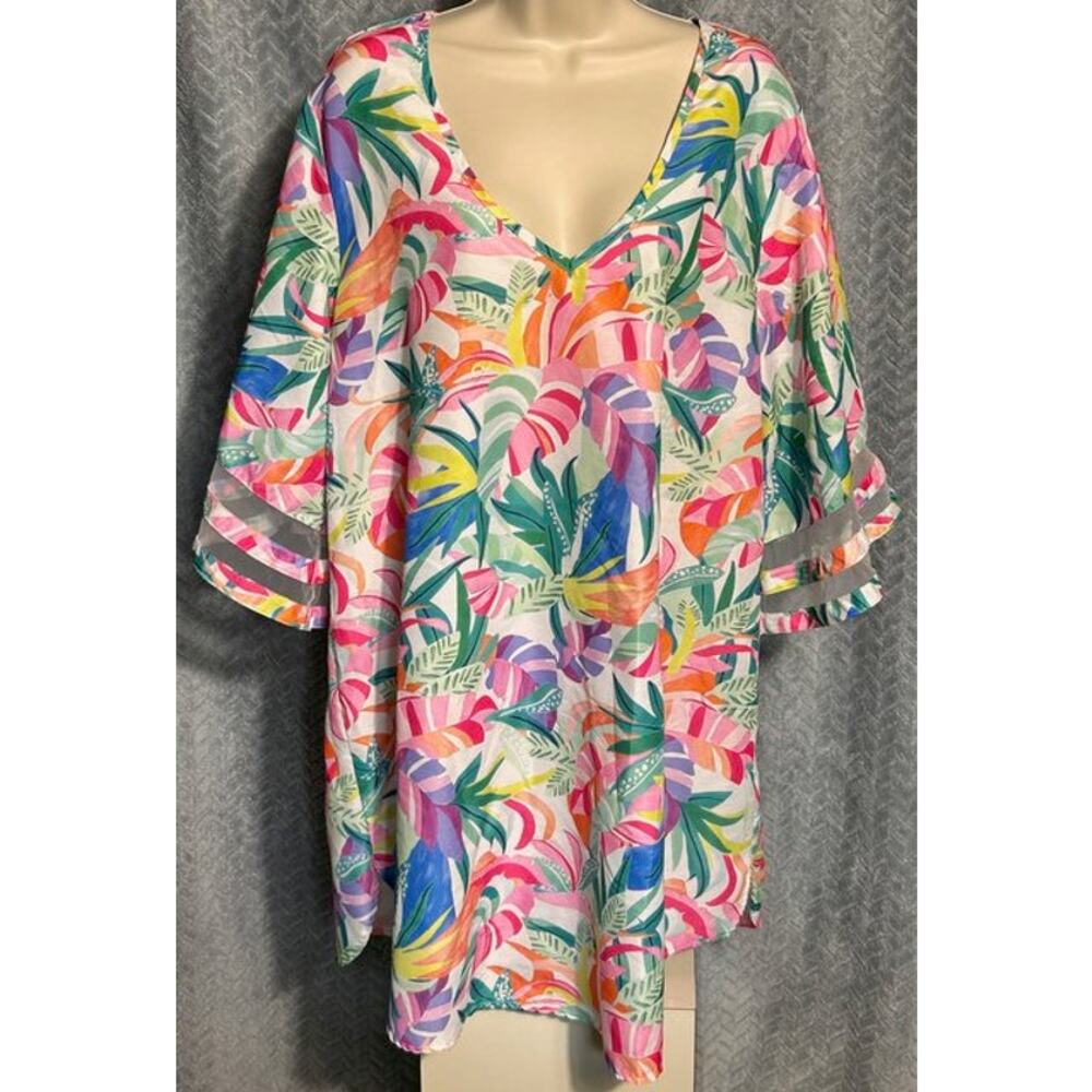 Tropical Print Beach Coverup Dress Loose Fit 3/4 Sleeve Resort Cruise Colorful